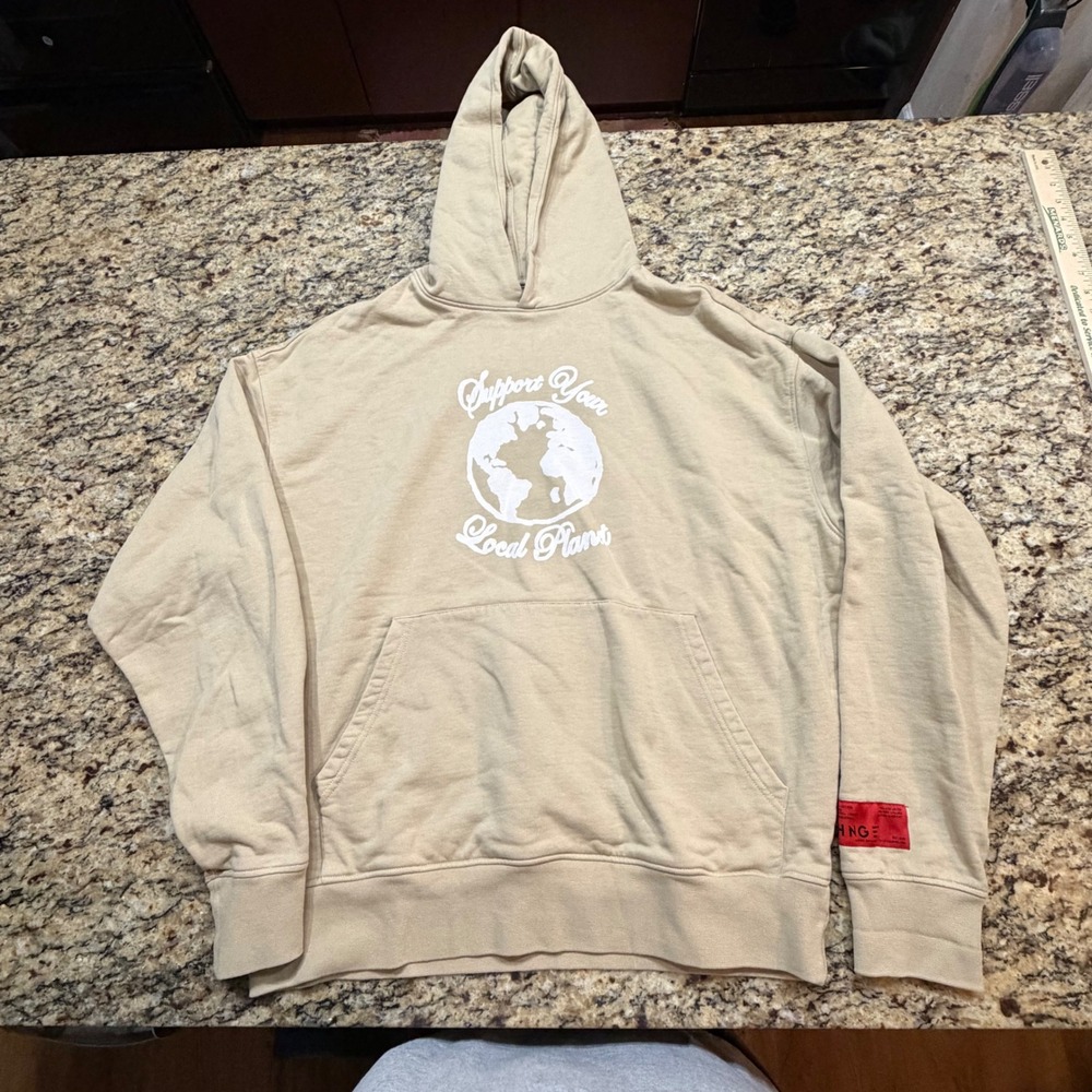 CHNGE Support Your Local Planet Organic Cotton Hoodie Tan Earth Day Graphic ws